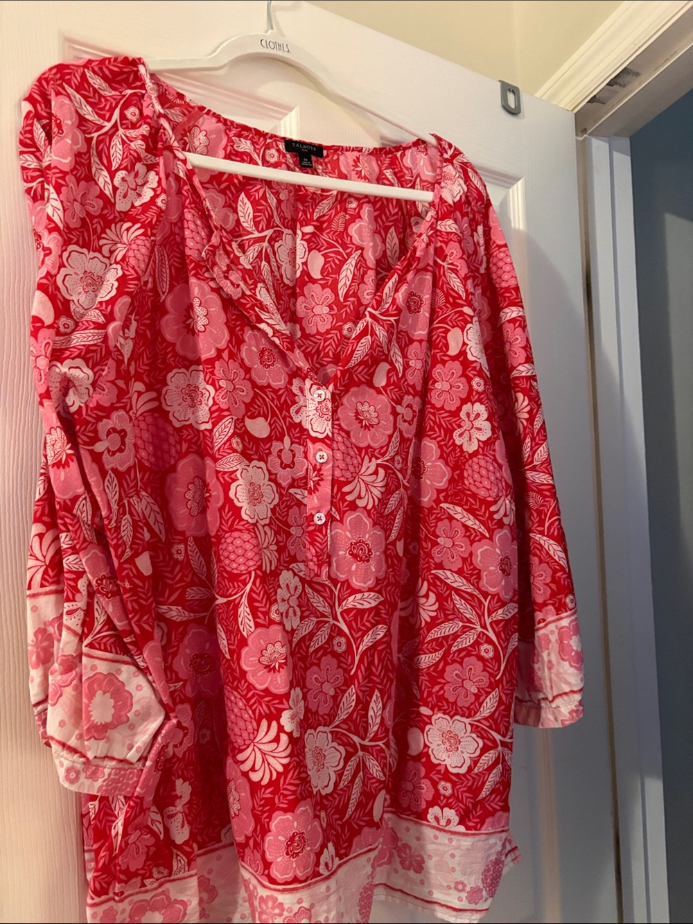 Talbots Red and Pink Floral Button-Front Tunic